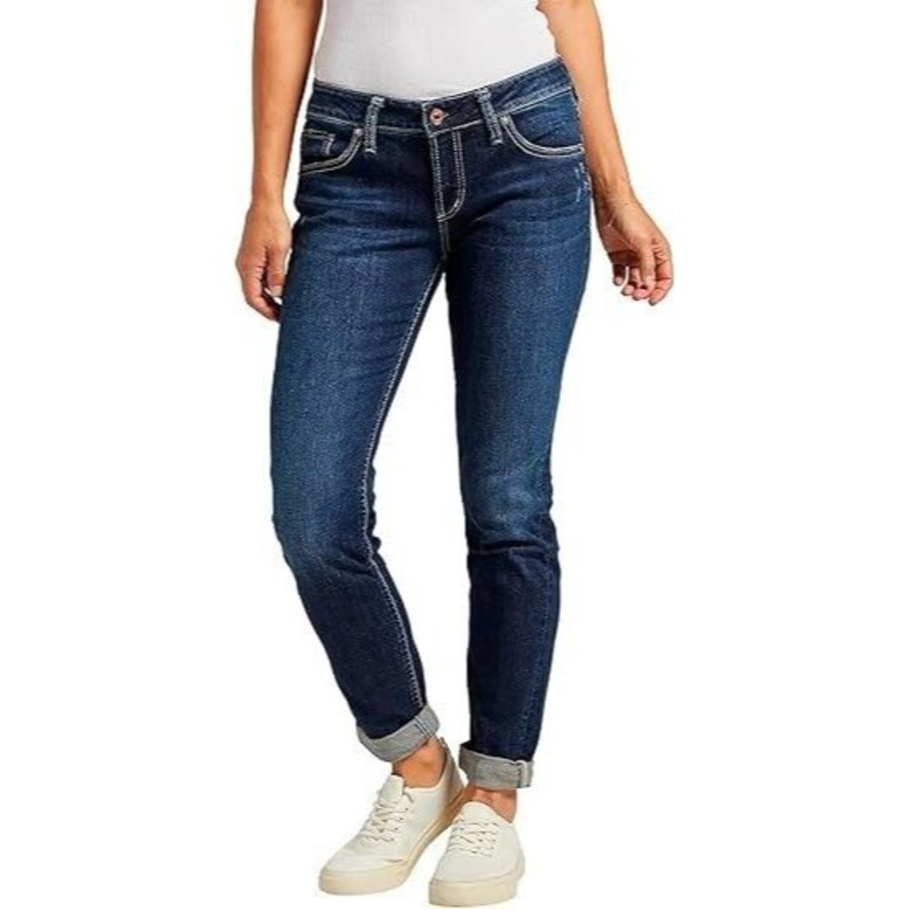 Silver Jeans Womens Deep Dark Indigo Wash Sam Relaxed Boyfriend Jeans 34W x 29L